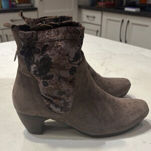 Think! Taupe Suede and Floral Velvet Ankle Boots